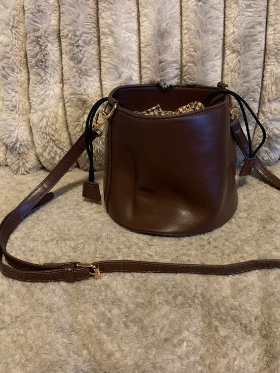 Handbags - Round Brown Faux Leather Bucket Shoulder Bag Purse